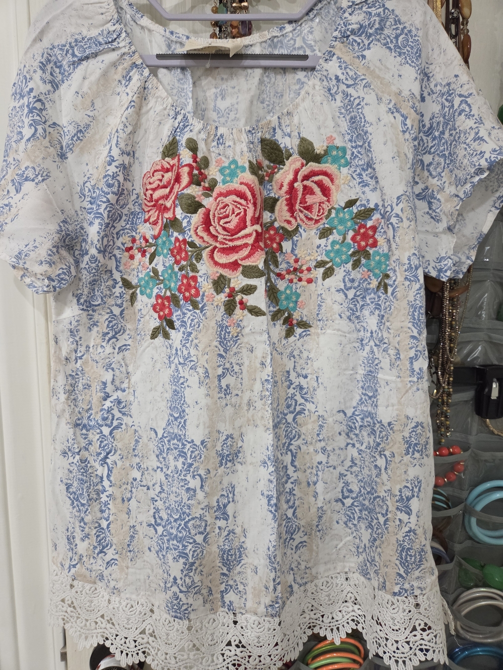 Savanna Jane Blue & White Floral Embroidered Peasant Tunic